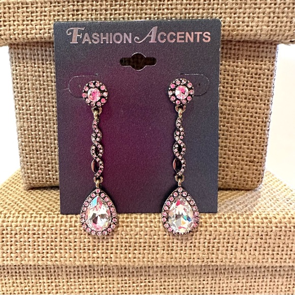 NWT Fashion Accents Earrings antique gold tone w/ clear jewels & rhinestones - Picture 3 of 6